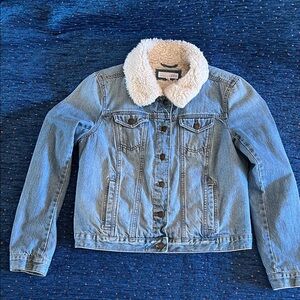 Ann Taylor Loft Light Blue Denim Jacket with White Sherpa Collar and lining